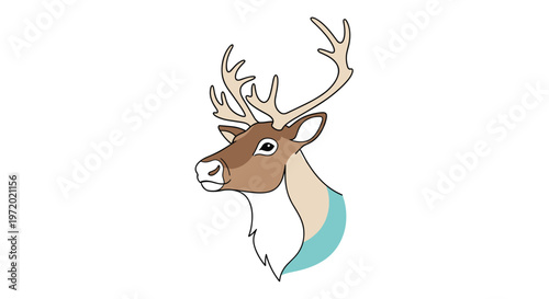 Profile view of a reindeer head with large antlers and a blue neck patch used for winter and nature themed designs.