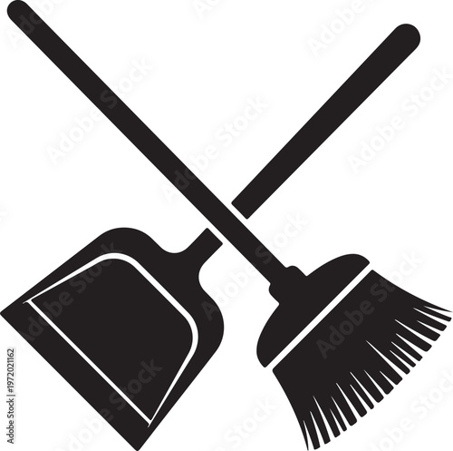 Silhouette of a dustpan and broom, cleaning tools, isolated on white background