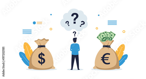 Businessman standing between two large bags of money representing dollars and euros with question marks overhead indicating a difficult financial choice.
