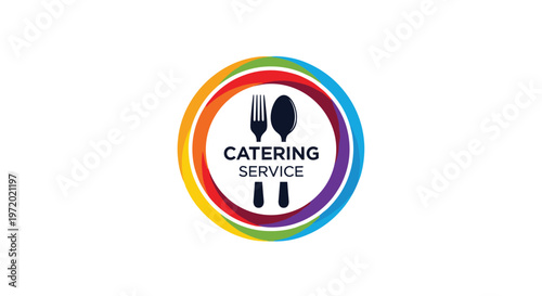 Catering service logo featuring a dark fork and spoon silhouette inside multiple vibrant concentric circles of different colors.