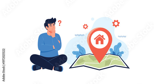 Young man sitting and thinking about house location while looking at a map with a large orange pin and gears in the background.