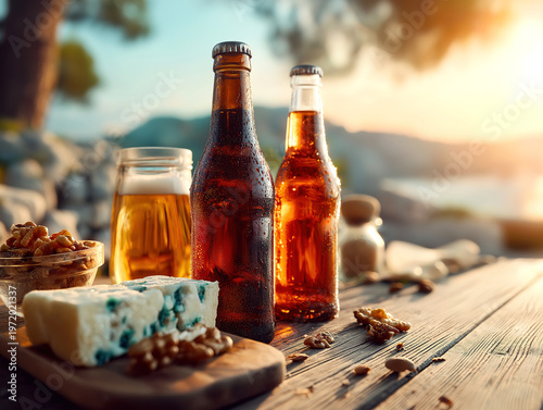 Chilled beer bottles and snacks set against calm scenic backdrop and soft light