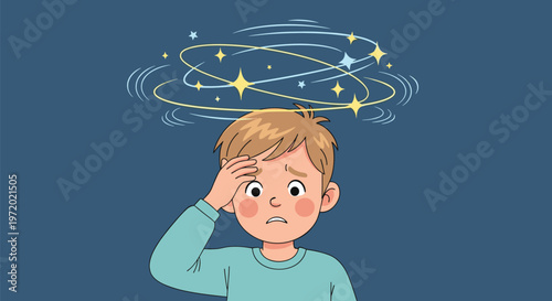Sick little boy feeling dizzy and unwell with spinning stars and circles around his head on a dark blue background for medical context.