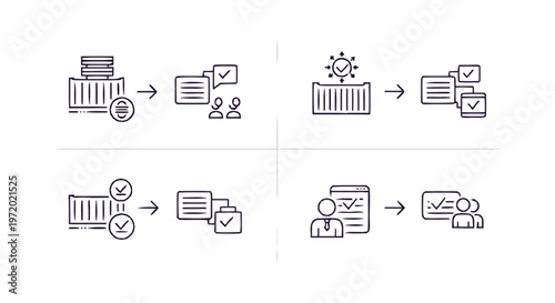 Workflow Process Illustrated by Four Linear Icon Sets.