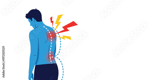 Medical illustration showing a blue silhouette of a man with red circles and lightning bolts indicating back and spine pain points.