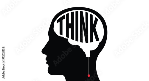 Black silhouette of a human head profile with the word THINK forming the shape of a brain and a red dot at the base for focus.