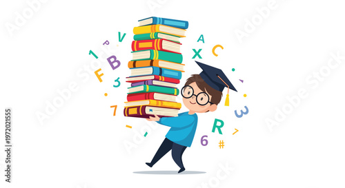 Young boy wearing a graduation cap and glasses carrying a huge stack of colorful books with floating letters and numbers around him.