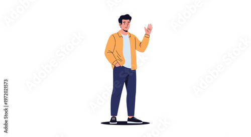 Modern illustration of a man in a yellow jacket and blue pants waving hello while standing with one hand in his pocket.