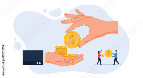 Hands exchanging large golden coins with dollar signs in front of a blue background representing payment, trade, and financial success.