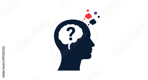 Dark silhouette of a human head with a glowing white brain containing a large black question mark and colorful dots floating above.