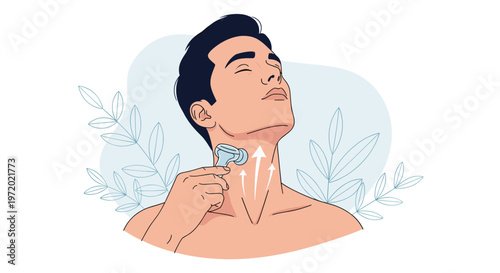 Handsome young man using a light blue facial roller on his neck while closing his eyes in a relaxing skincare and grooming routine.