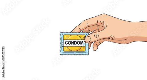 Hand holding a condom in its light blue square packaging with the word CONDOM printed on it to promote safe sex and health.
