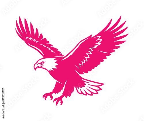 Majestic eagle vector illustration, soaring bald eagle mascot in vibrant pink, powerful bird of prey flying with open wings, wildlife animal icon
