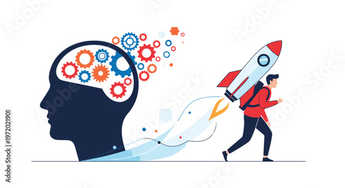 Innovative concept showing a rocket launching from a person's back while gears and mechanical parts fly out from a human head.