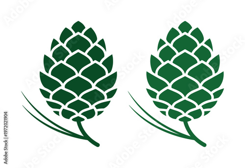 Green pine cone vector icons, stylized evergreen cedar cones with needles, minimalist forest nature symbols for winter holiday branding and outdoor logos