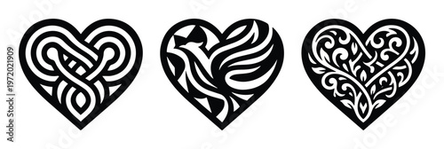 Celtic heart knot vector set, decorative filigree heart ornaments, black tribal phoenix heart icons for laser cutting and vinyl decals