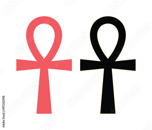 Ancient Egyptian Ankh cross symbols, pink and black mystical life icons, spiritual Egyptian mythology vector set, sacred geometry elements for design