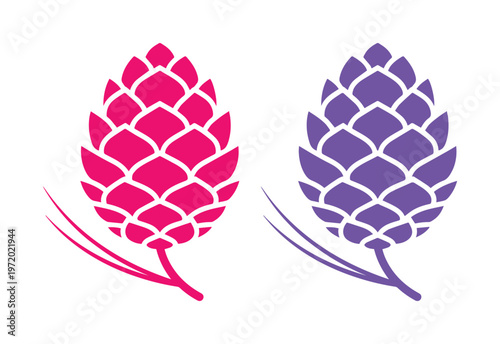 Stylized pine cone vector icons, pink and purple cedar cone illustrations, minimalist forest nature symbols for winter branding and holiday decor