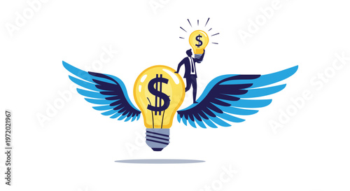 Businessman standing on a large winged lightbulb with a dollar sign while holding up a smaller glowing lightbulb for financial success.