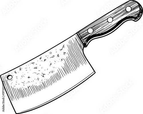 Konstfotografi Black and white of a vintage butcher cleaver knife with wooden handle white back