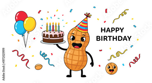 Happy peanut character celebrating birthday with chocolate cake and colorful balloons surrounded by festive confetti.
