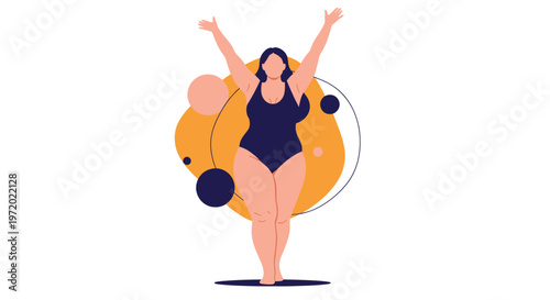Confident plus size woman in a dark one piece swimsuit standing with her arms raised in joy against an abstract backdrop.
