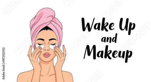 Beautiful young woman with a pink towel wrapped around her hair applying white under eye patches for skincare routine.