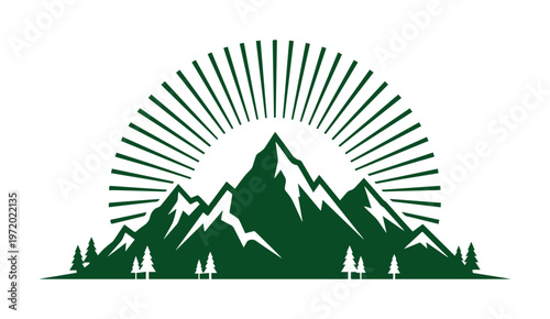 Minimalist mountain peak logo with sunburst rays, dark green forest landscape vector, outdoor adventure emblem for camping and hiking brands