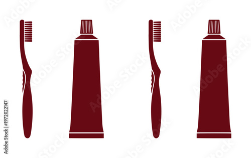 Minimalist toothbrush and toothpaste tube vector icons, dark red dental care silhouettes, oral hygiene bathroom accessories set on white background