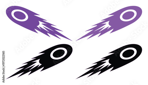 Stylized comet vector icons set, purple and black falling meteor silhouettes with fire trails, dynamic space fireball graphic elements