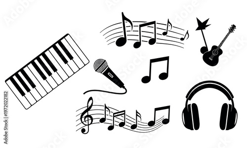 Collection of musical instruments and symbols representing various aspects of music