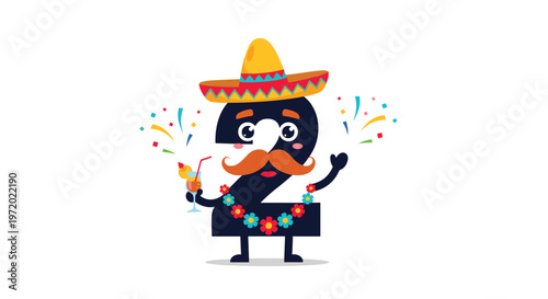 Festive character in the shape of number two wearing a sombrero and flower lei while holding a tropical cocktail.