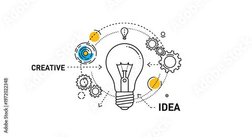 Creative idea concept featuring a large light bulb surrounded by gears and colorful circles in a technical style.