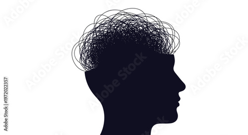 Silhouette of a human head with a large tangled mess of black lines representing confusion or mental health issues.