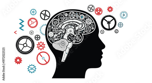 Silhouette of a human head with intricate black gears inside representing the mechanical or complex nature of thought.