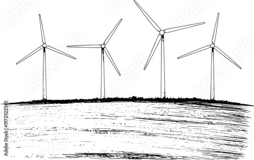 Hand drawn of wind turbines a grassy hill with a white background energy power