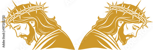 Jesus Christ portrait icon set with crown of thorns and Christian symbols including cross and crucifix on white background, ideal for religious and spiritual designs.