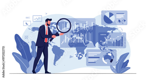 Businessman using a magnifying glass to analyze various charts and graphs overlaid on a world map background.