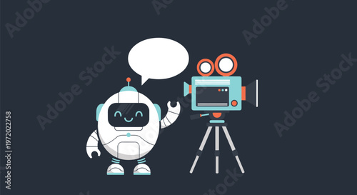 Friendly white robot waving with an empty speech bubble standing next to a professional video camera on a tripod.