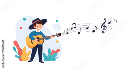 Young boy in a hat playing an acoustic guitar with a flow of black music notes drifting from the instrument.