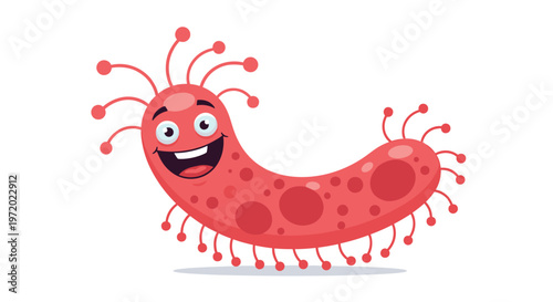 Funny red cartoon microbe or bacteria monster with a large toothy smile and multiple tentacles for educational kids media.