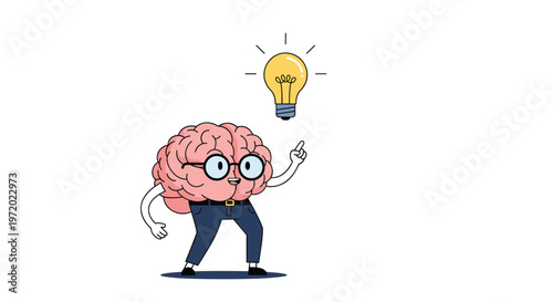 Cartoon human brain character wearing glasses and pointing up towards a glowing yellow lightbulb representing a bright idea.