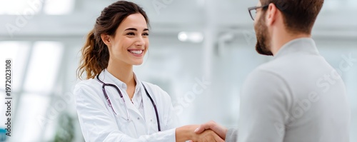 Smiling doctor shaking hands with patient in bright clinic, trust and care concept