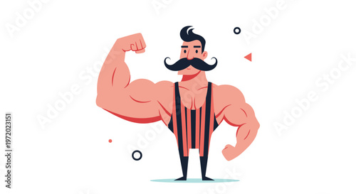 Strong muscular man with a large mustache flexing his bicep wearing a retro striped wrestling singlet on a white background.