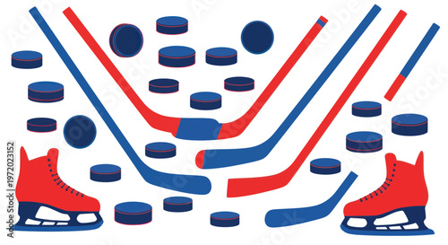 Ice Hockey Gear and Pucks - Red and Blue Design