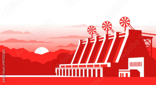 Modern Hydroelectric Dam Power Plant in Red Landscape with Sun