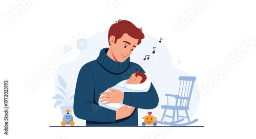 Loving father holding his sleeping baby wrapped in a blanket in a cozy nursery room with toys and a rocking chair behind.