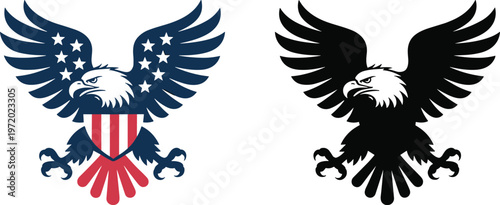 Patriotic eagle illustration with American flag shield, fierce bird of prey artwork, black silhouette version, symbol of strength and freedom