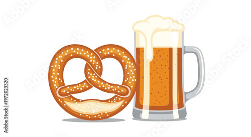 Traditional German food illustration featuring a large salted pretzel next to a tall glass mug of foamy beer on white.