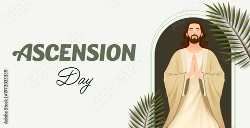 Ascension Day Worship Poster Featuring Jesus Praying with Clean and Modern Church Design